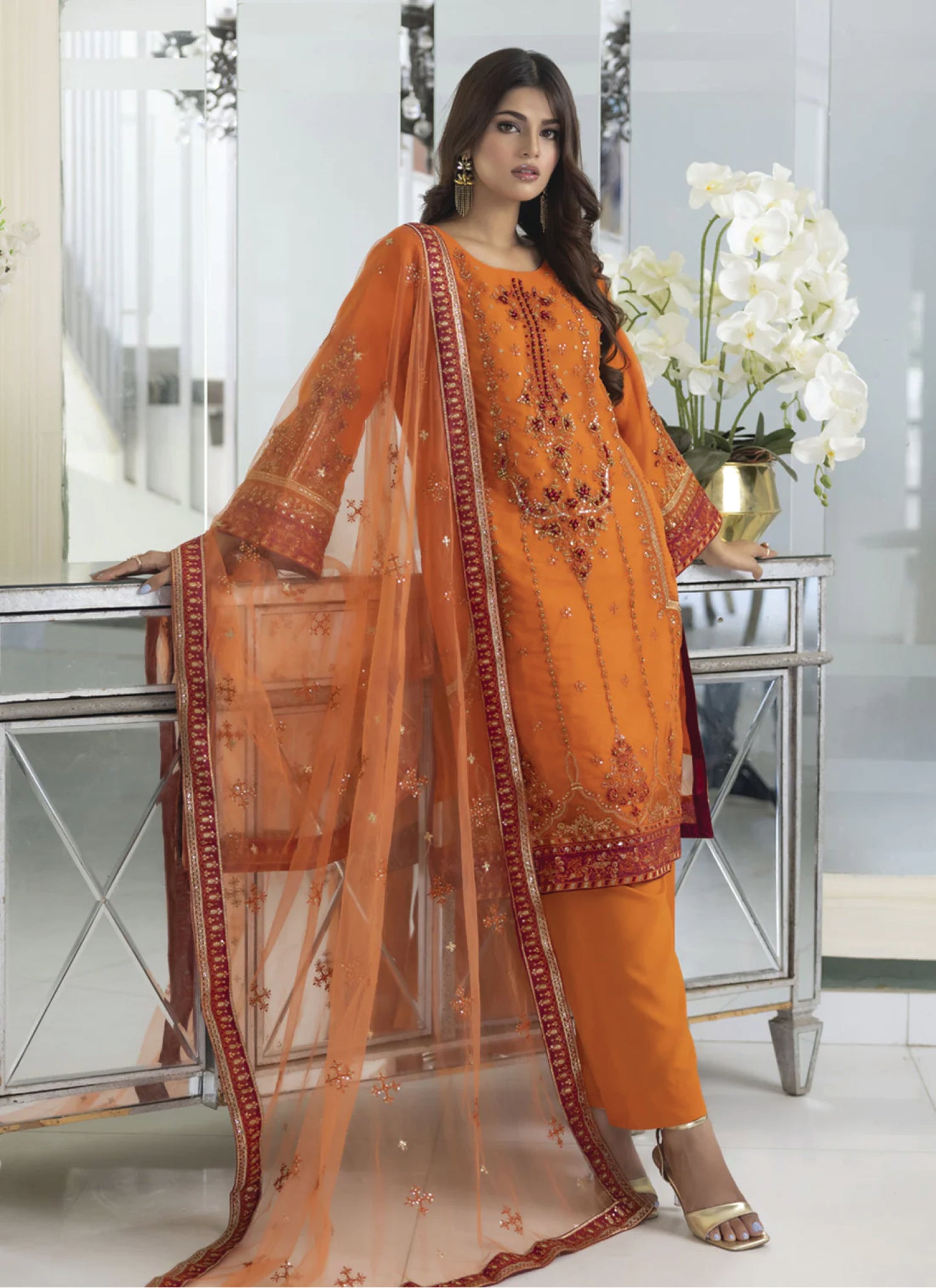EMBROIDED STITCHED ORGANZA 3-PIECE SUIT - Malabis